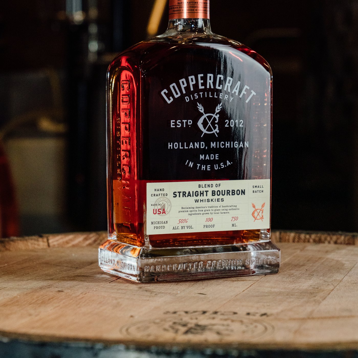 The label: Blend of Straight Bourbon Whiskies, 100 proof